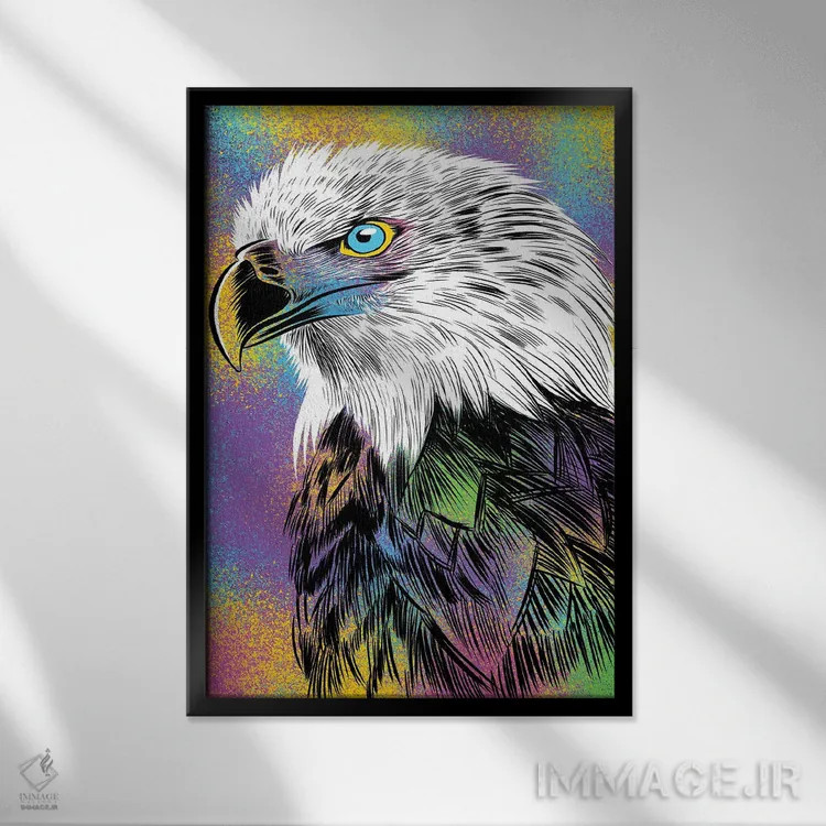 تابلو طرح عقاب رنگارنگ اثر آلبرتو پرز - نمای قابدار مشکی