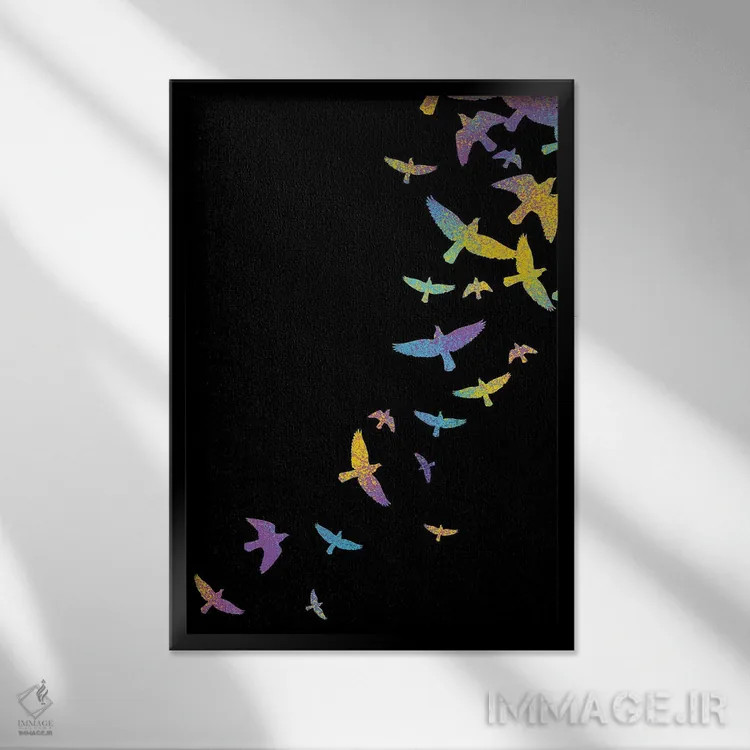 تابلو پرندگان رنگارنگ اثر آلبرتو پرز - نمای قابدار مشکی