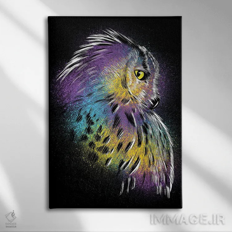 تابلو طرح جغد رنگارنگ اثر آلبرتو پرز - نمای روبهرو روی دیوار