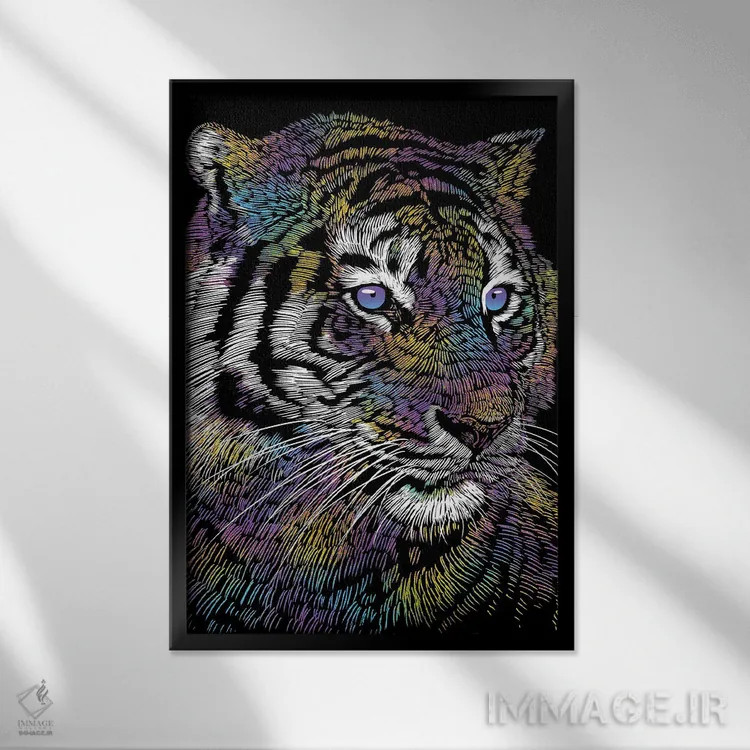 تابلو ببر رنگارنگ واقعگرایانه اثر آلبرتو پرز - نمای قابدار مشکی