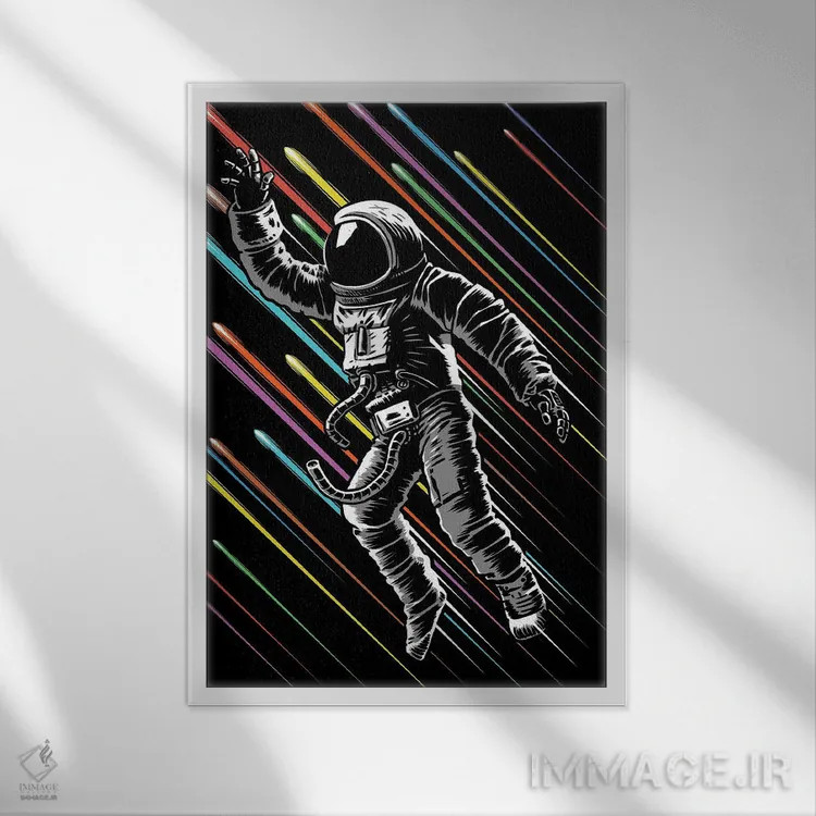 تابلو فضانورد با خطوط سرعت اثر آلبرتو پرز - نمای قابدار سفید