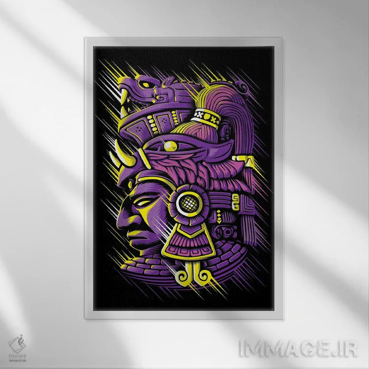 تابلو آزتک رترو (تمدن مکزیکی قدیمی) اثر آلبرتو پرز - نمای قابدار سفید