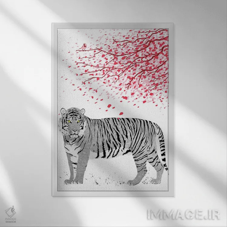 تابلو ببر درخت گیلاس اثر آلبرتو پرز - نمای قابدار سفید