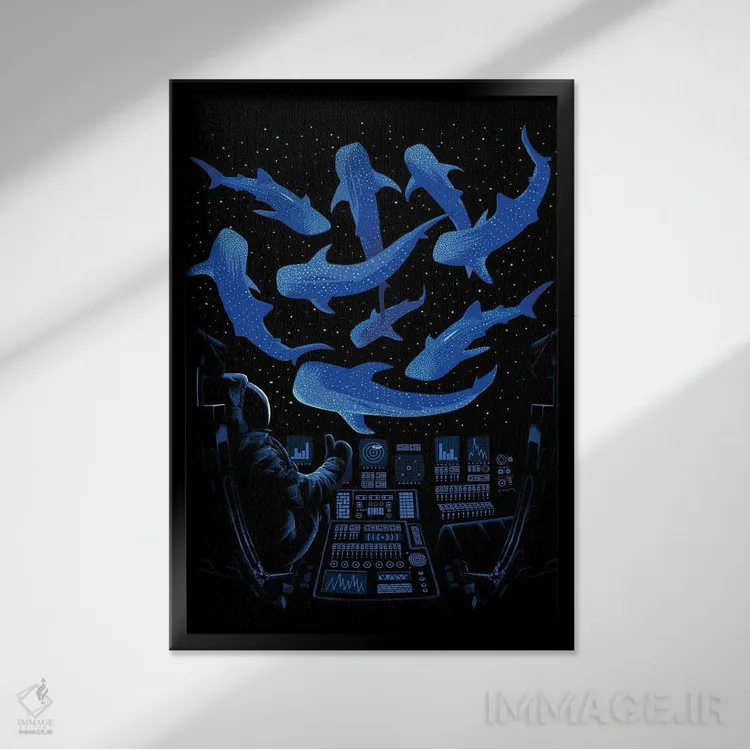 تابلو کوسه و نهنگ فضانورد اثر آلبرتو پرز - نمای قابدار مشکی