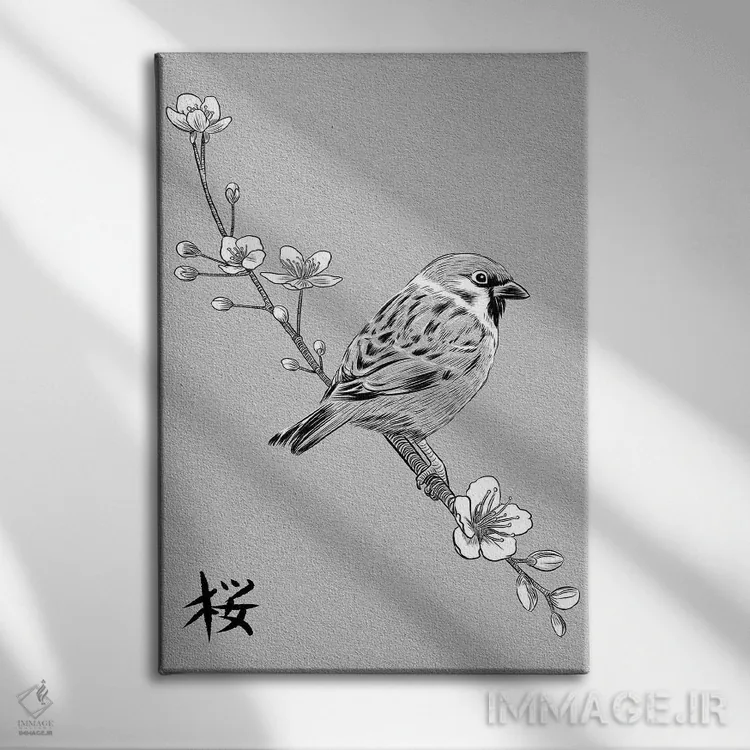 تابلو گنجشک کانجی (حروف ژاپنی) اثر آلبرتو پرز - نمای روبهرو روی دیوار