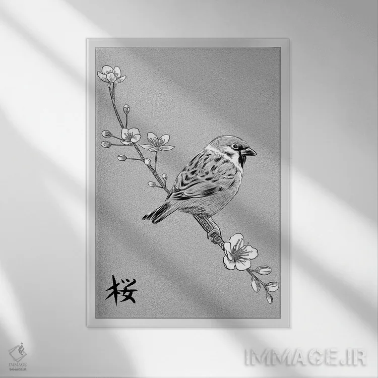 تابلو گنجشک کانجی (حروف ژاپنی) اثر آلبرتو پرز - نمای قابدار سفید