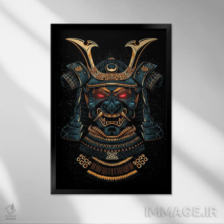 تابلو نقاب سامورایی طلایی اثر آلبرتو پرز - نمای قابدار مشکی