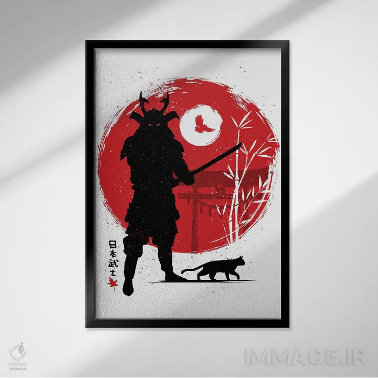 تابلو سامورایی با گربهاش اثر آلبرتو پرز - نمای قابدار مشکی