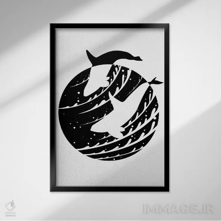 تابلو نهنگ قاتل دایرهای مینیمال اثر آلبرتو پرز - نمای قابدار مشکی