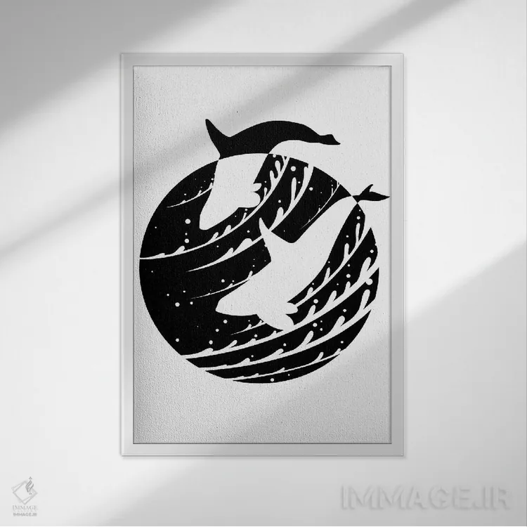 تابلو نهنگ قاتل دایرهای مینیمال اثر آلبرتو پرز - نمای قابدار سفید