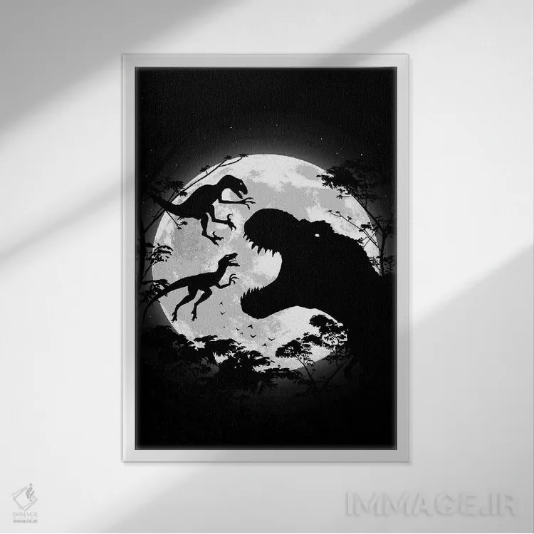 تابلو تیرکس در مقابل ولاسیرپتورها (باوراسور) اثر آلبرتو پرز - نمای قابدار سفید