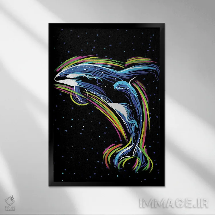 تابلو نهنگ قاتل با خطوط نئونی (سبک اسپانیایی) اثر آلبرتو پرز - نمای قابدار مشکی