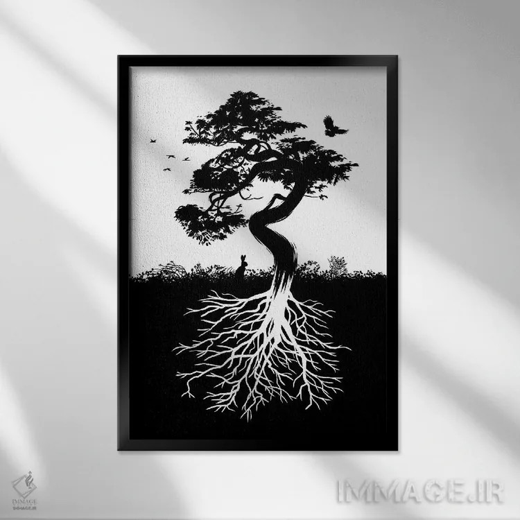 تابلو درخت طبیعی با ریشهها اثر آلبرتو پرز - نمای قابدار مشکی