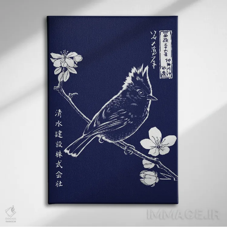 تابلو گنجشک روی شاخهای در شب ژاپن اثر آلبرتو پرز - نمای روبهرو روی دیوار