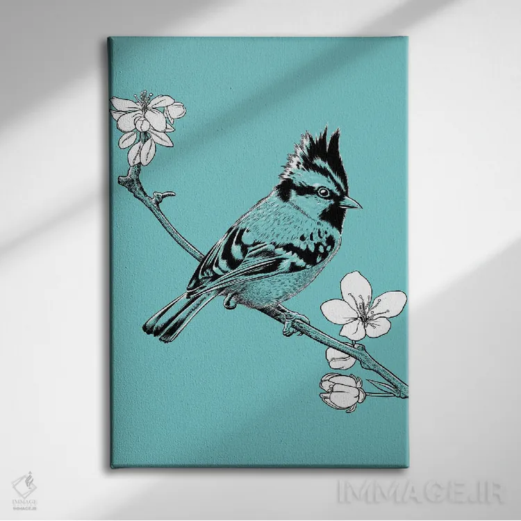 تابلو گنجشک تاجدار بر شاخهای در ژاپن اثر آلبرتو پرز - نمای روبهرو روی دیوار