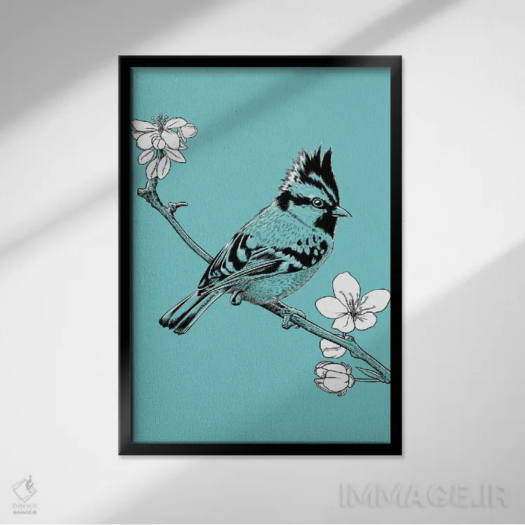 تابلو گنجشک تاجدار بر شاخهای در ژاپن اثر آلبرتو پرز - نمای قابدار مشکی