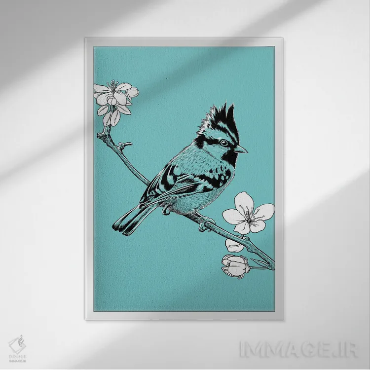 تابلو گنجشک تاجدار بر شاخهای در ژاپن اثر آلبرتو پرز - نمای قابدار سفید