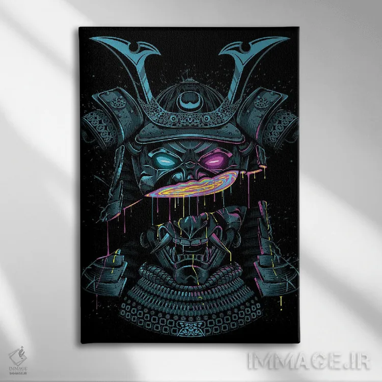 تابلو نقاب سامورایی با برش مایع اثر آلبرتو پرز - نمای روبهرو روی دیوار