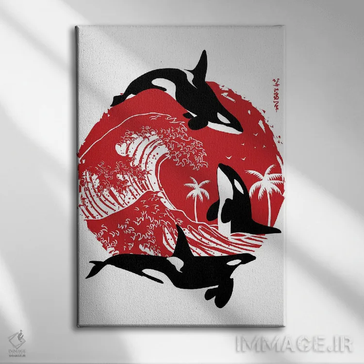 تابلو نهنگهای قاتل در موج بزرگ اثر آلبرتو پرز - نمای روبهرو روی دیوار