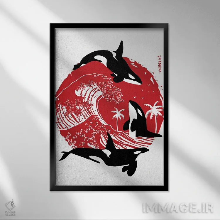 تابلو نهنگهای قاتل در موج بزرگ اثر آلبرتو پرز - نمای قابدار مشکی