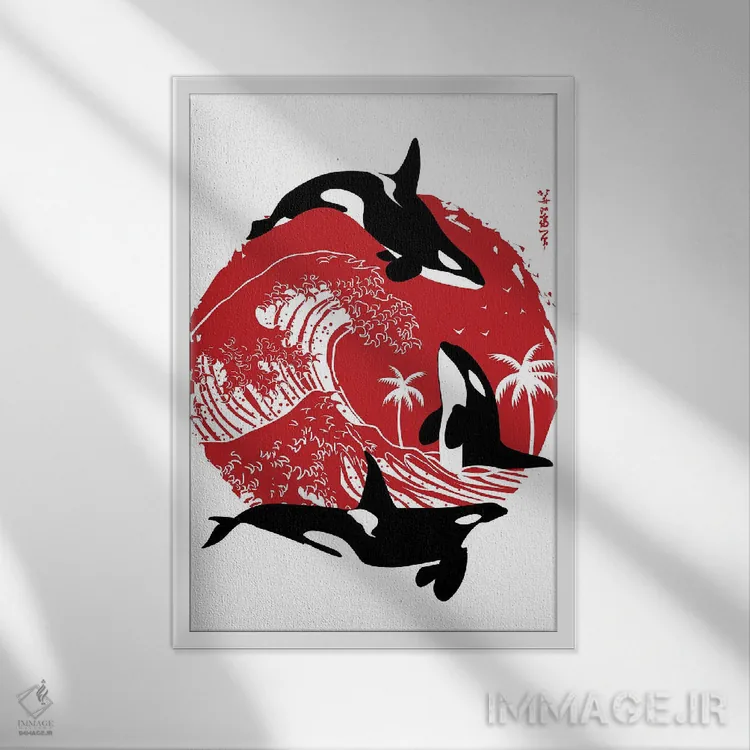 تابلو نهنگهای قاتل در موج بزرگ اثر آلبرتو پرز - نمای قابدار سفید