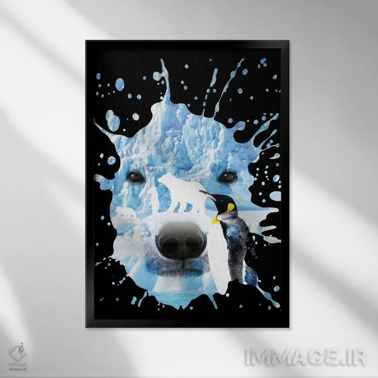تابلو خرس قطبی با پنگوئن اثر آلبرتو پرز - نمای قابدار مشکی