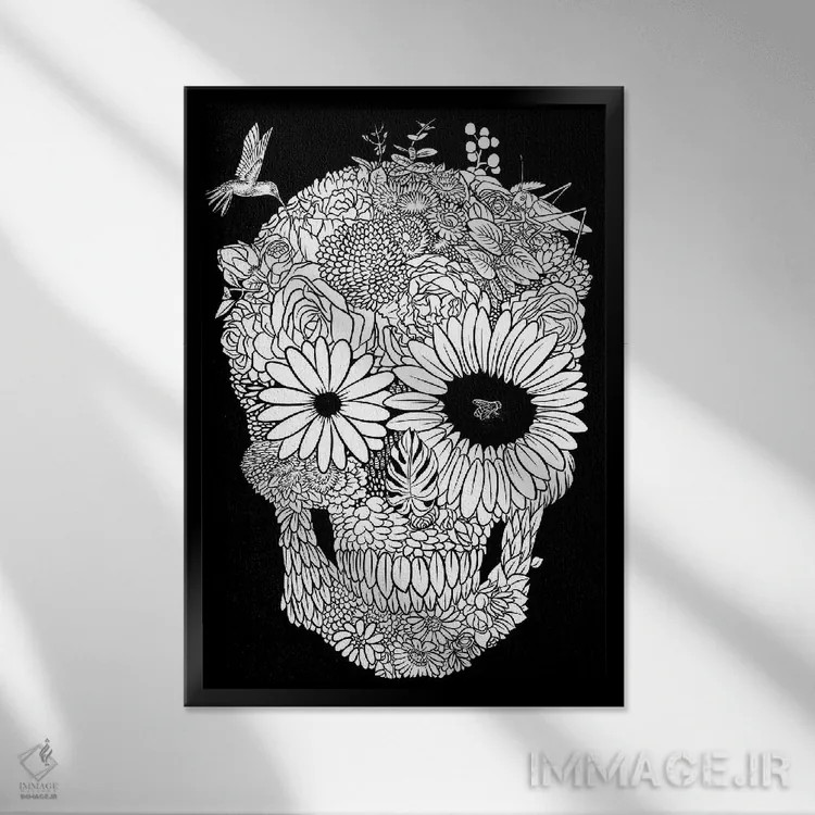 تابلو جمجمه گل سفید اثر آلبرتو پرز - نمای قابدار مشکی