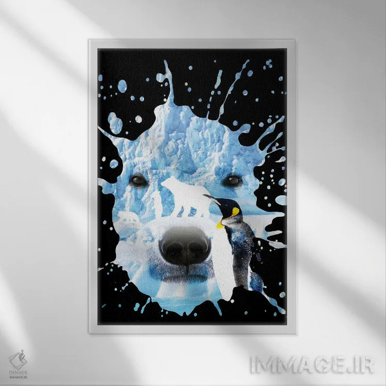 تابلو خرس قطبی با پنگوئن اثر آلبرتو پرز - نمای قابدار سفید