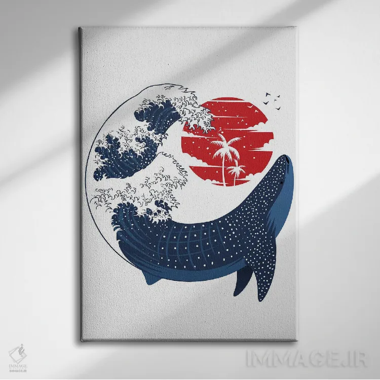 تابلو کوسهنهنگ در موج بزرگ ژاپنی اثر آلبرتو پرز - نمای روبهرو روی دیوار