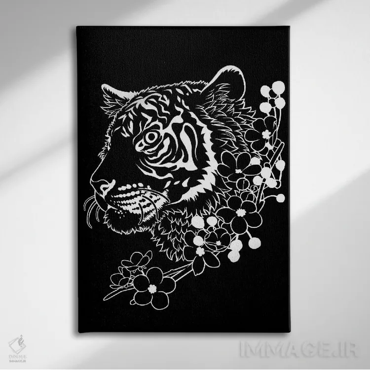 تابلو ببر با خطوط سفید مینیمال اثر آلبرتو پرز - نمای روبهرو روی دیوار