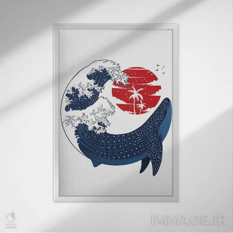 تابلو کوسهنهنگ در موج بزرگ ژاپنی اثر آلبرتو پرز - نمای قابدار سفید