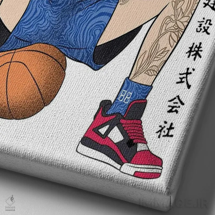 تابلو بازیکن بسکتبال ژاپنی در حال خوردن رامِن اثر آلبرتو پرز - نمای نزدیک بافت بوم