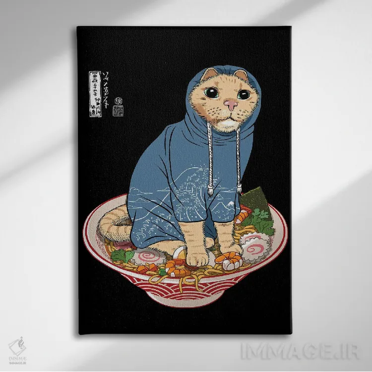 تابلو گربه ژاپنی روی رامن اثر آلبرتو پرز - نمای روبهرو روی دیوار