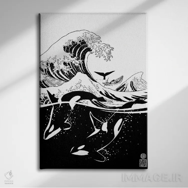 تابلو موج ژاپنی با نهنگهای قاتل اثر آلبرتو پرز - نمای روبهرو روی دیوار