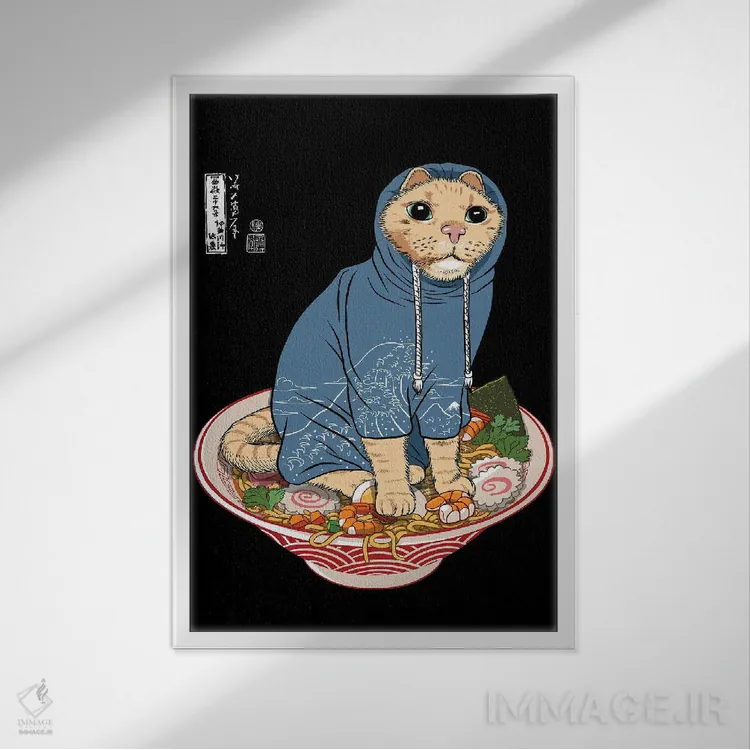 تابلو گربه ژاپنی روی رامن اثر آلبرتو پرز - نمای قابدار سفید