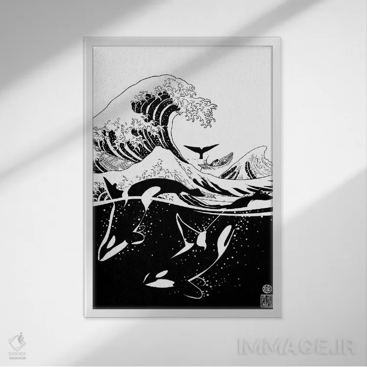 تابلو موج ژاپنی با نهنگهای قاتل اثر آلبرتو پرز - نمای قابدار سفید