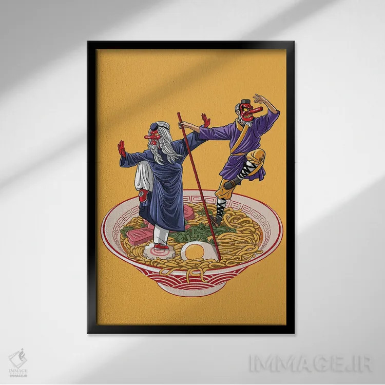 تابلو خدایان ژاپنی در رامن اثر آلبرتو پرز - نمای قابدار مشکی