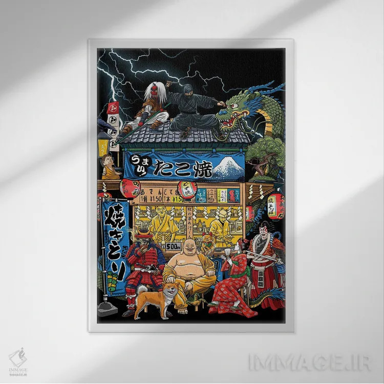 تابلو غرفهٔ خیابانی غذای ژاپنی اثر آلبرتو پرز - نمای قابدار سفید