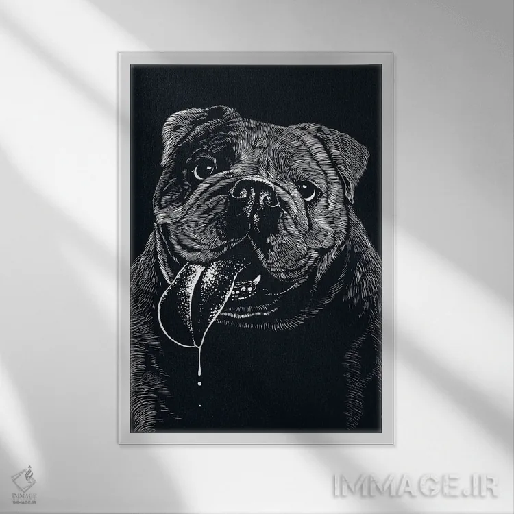 تابلو بولداگ خوشحال اثر آلبرتو پرز - نمای قابدار سفید