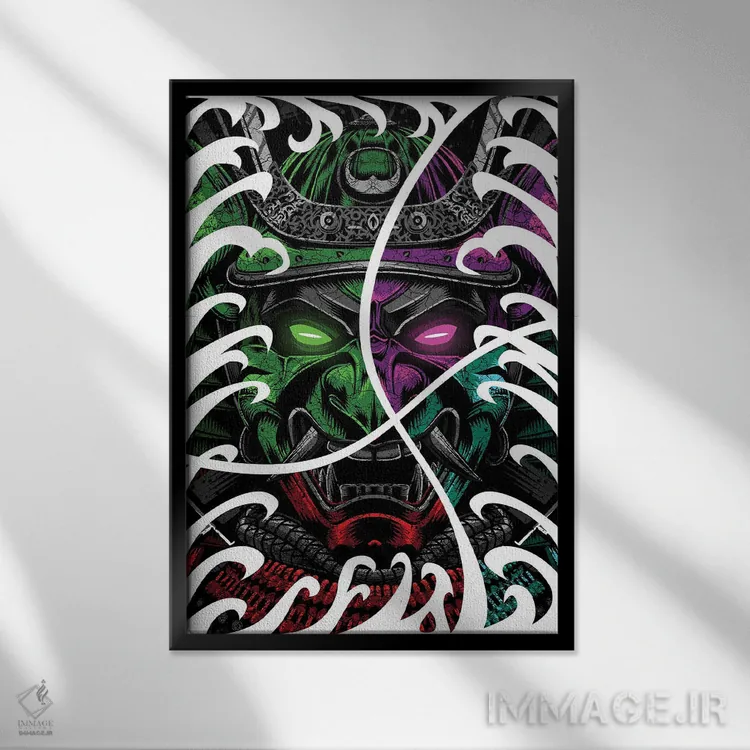 تابلو سَمورایی جنگجو در خالکوبی اقیانوسی اثر آلبرتو پرز - نمای قابدار مشکی