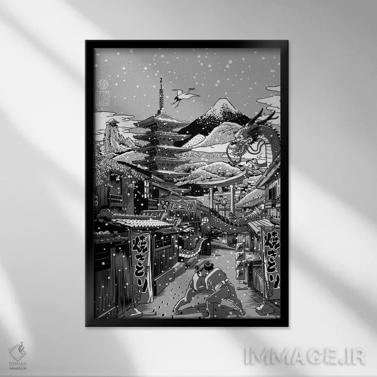 تابلو خیابان ژاپنی برفی اثر آلبرتو پرز - نمای قابدار مشکی