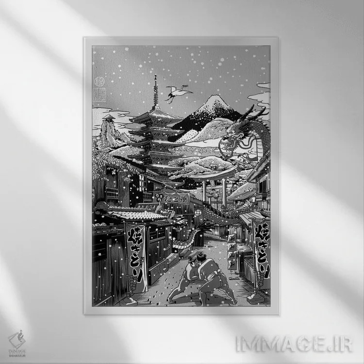 تابلو خیابان ژاپنی برفی اثر آلبرتو پرز - نمای قابدار سفید