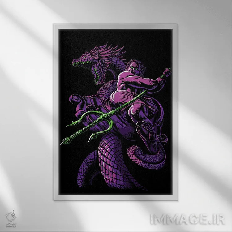 تابلو پوسایدون با نیزه سهشاخه و اژدها اثر آلبرتو پرز - نمای قابدار سفید