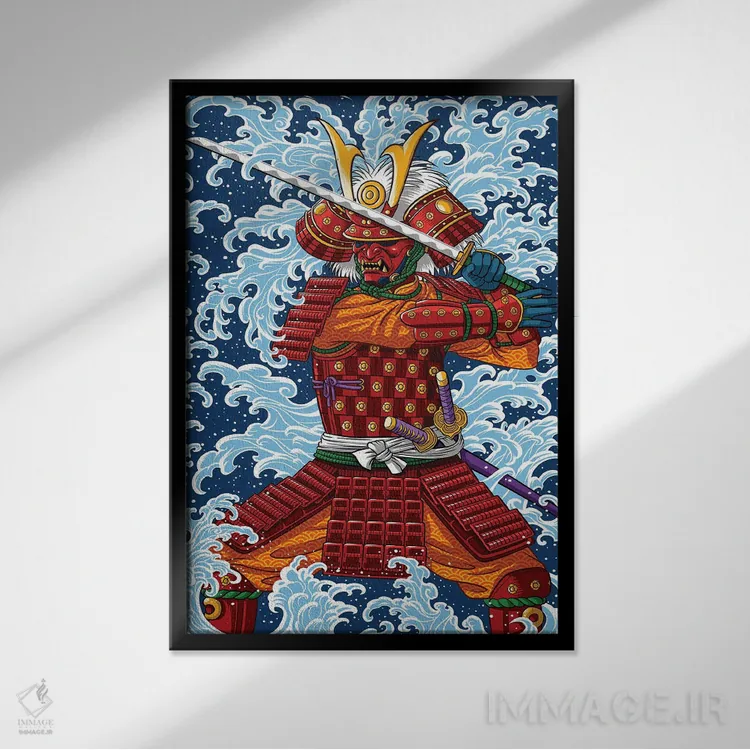 تابلو نبرد سامورایی زیر سونامی اثر آلبرتو پرز - نمای قابدار مشکی