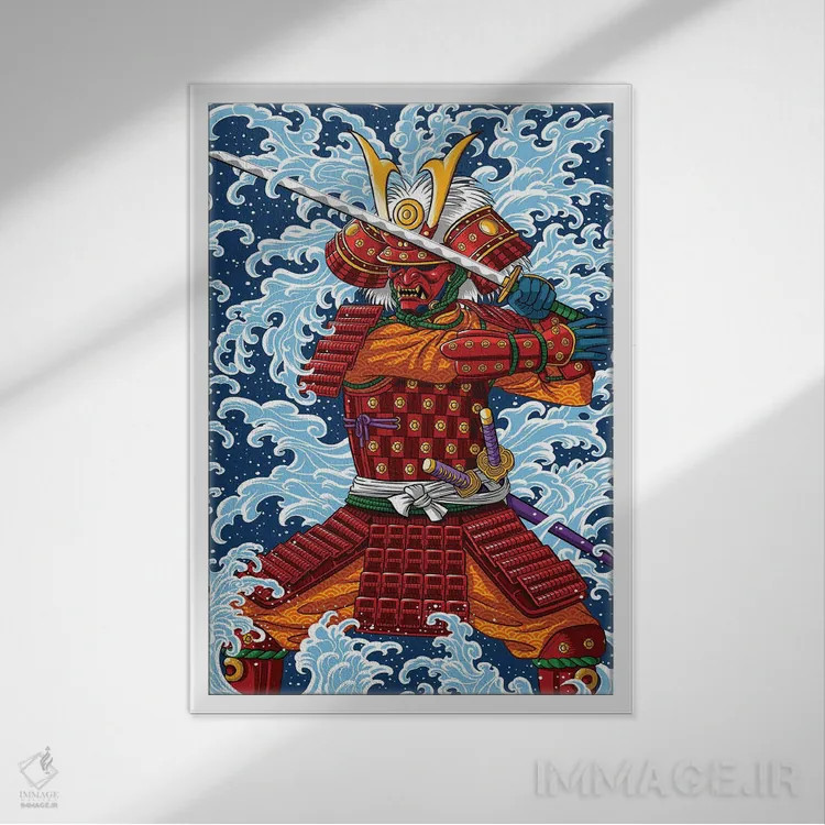 تابلو نبرد سامورایی زیر سونامی اثر آلبرتو پرز - نمای قابدار سفید