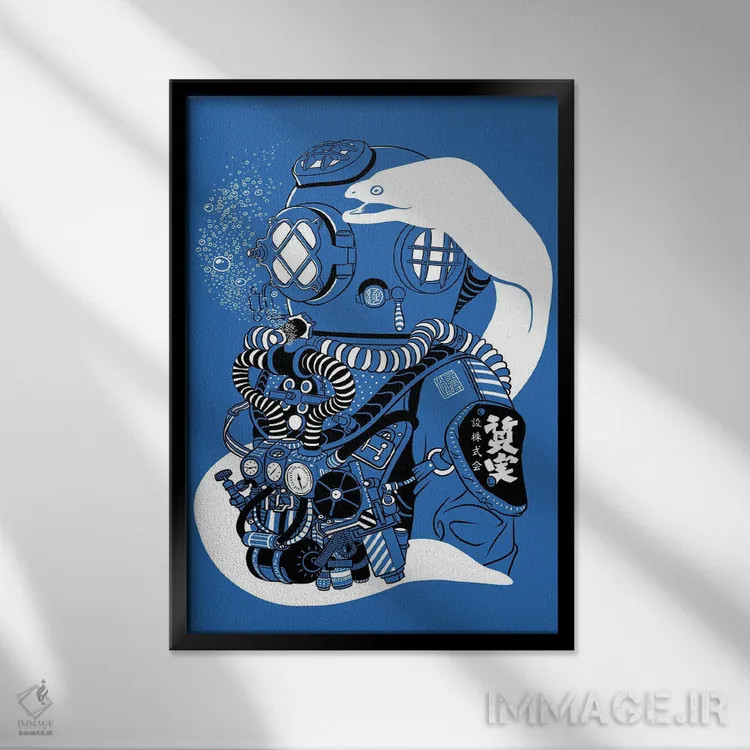 تابلو لباس غواصی استیمپانک اثر آلبرتو پرز - نمای قابدار مشکی