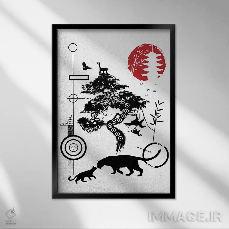 تابلو دایرههای هندسی طبیعت گربهسانان اثر آلبرتو پرز - نمای قابدار مشکی