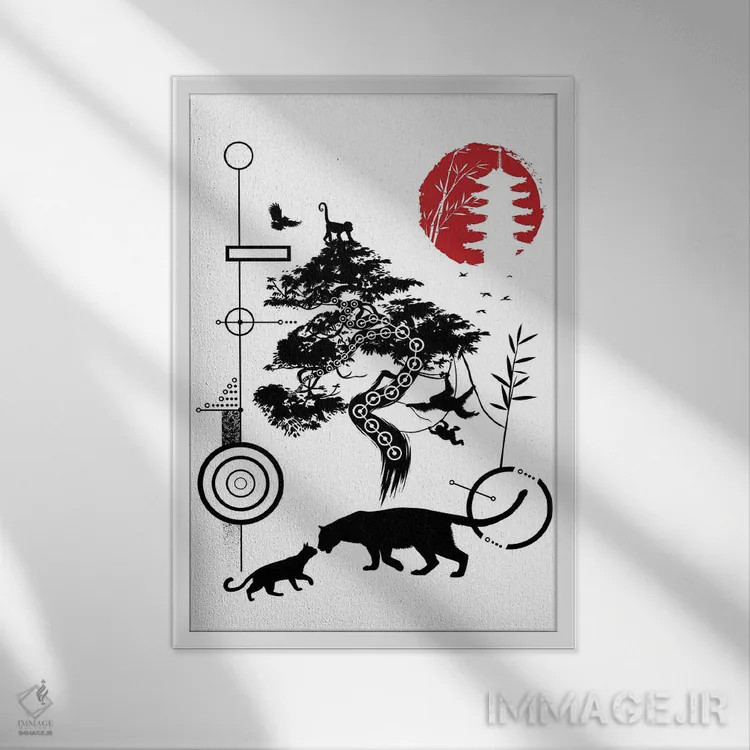 تابلو دایرههای هندسی طبیعت گربهسانان اثر آلبرتو پرز - نمای قابدار سفید