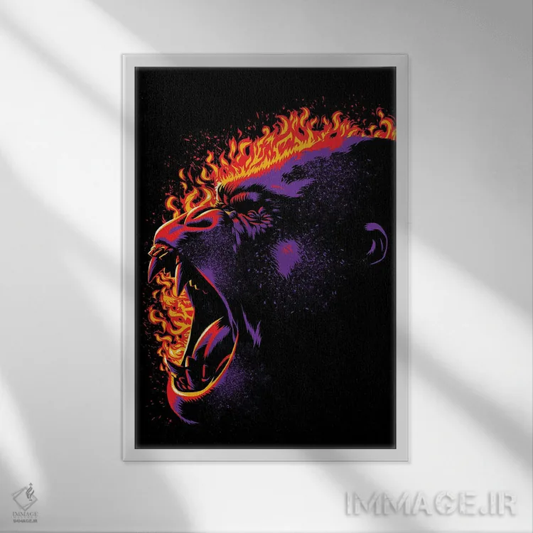 تابلو گوریل آتشگرفته اثر آلبرتو پرز - نمای قابدار سفید