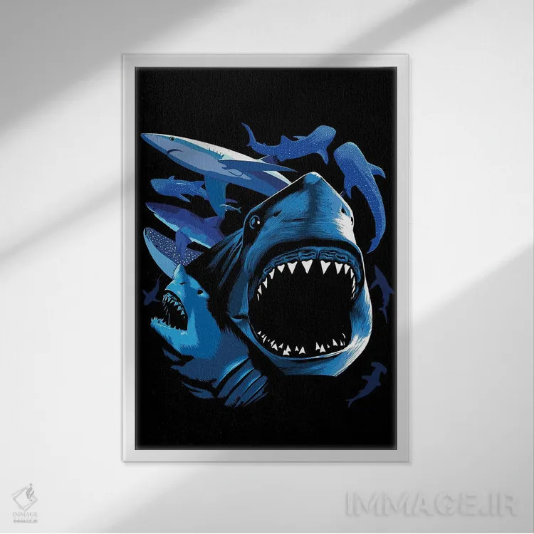 تابلو کوسهها اثر آلبرتو پرز - نمای قابدار سفید